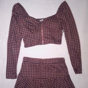 Plaid Mini Skirt in Maroon Pink - Women's Two-Piece Set